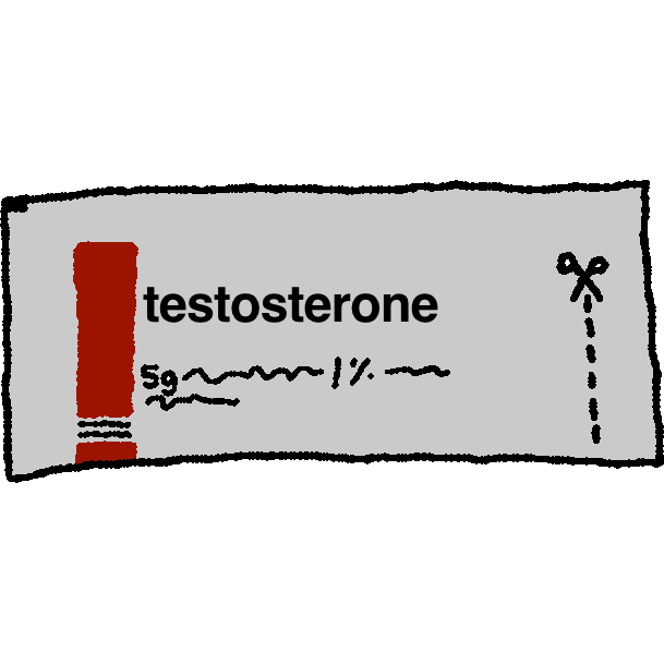 a semi grey packet of testosterone gel. There is a red line on the left and a dashed cutting line with tiny scissors next to it on the right.